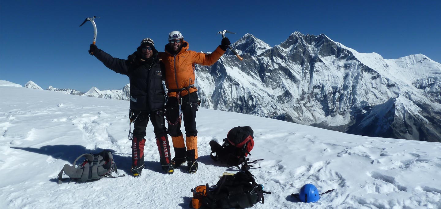 Two young Man at ama dablam base camp for climbing mount ama dablam.